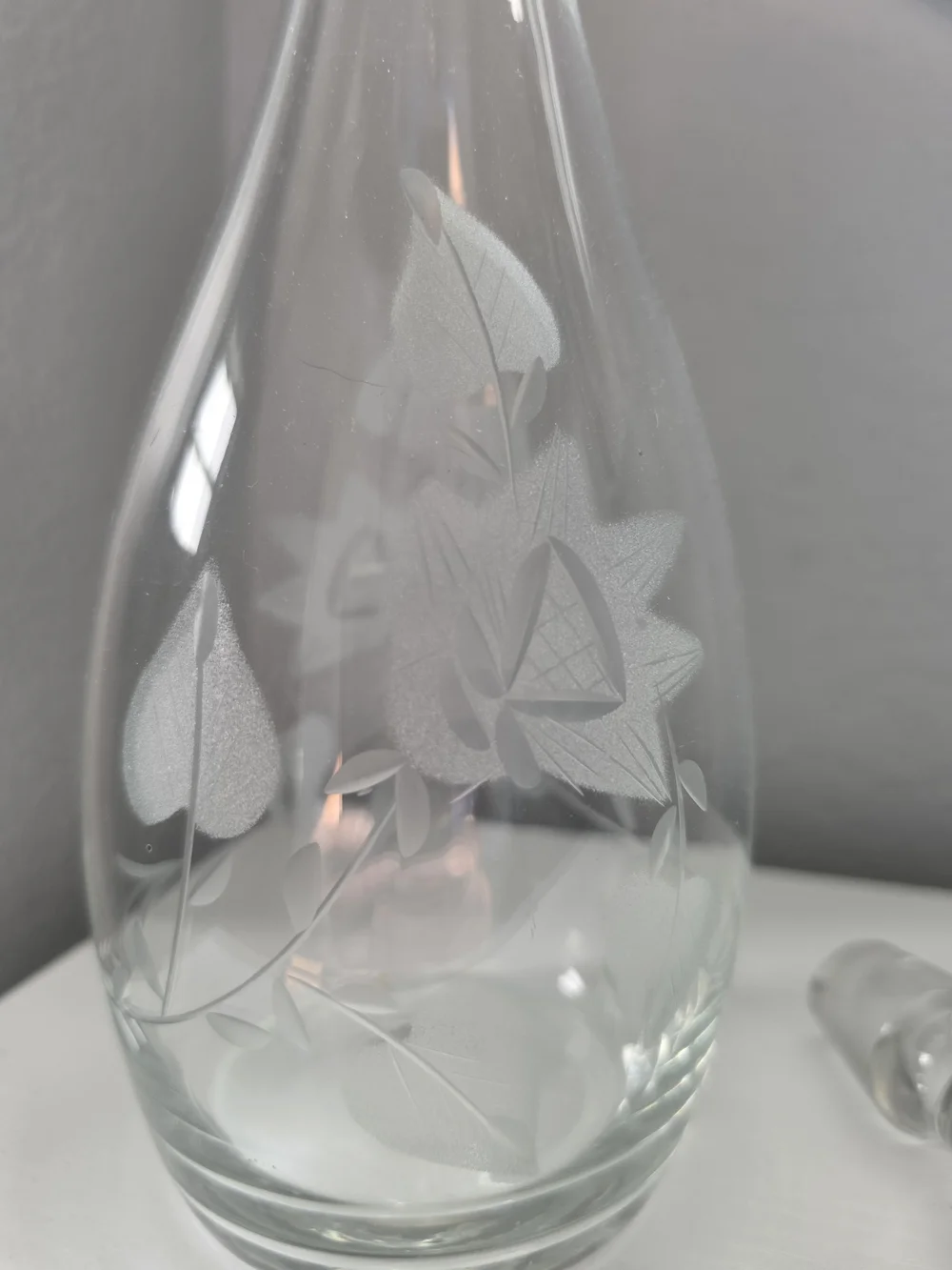 Vintage Romanian Etched Glass Decanter with Stopper - Clear